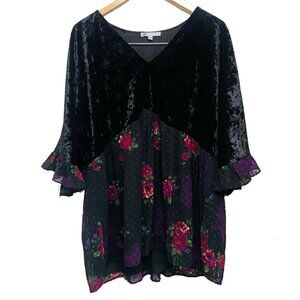 DR2 Whimsigoth Black Floral Babydoll Velvet Large V-neck Blouse Women's XL